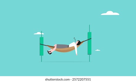 Passive income concept, earning with no effort by make profit or dividend from investment and achieve financial freedom concept, businesswoman sleeping in hammock with investment growth graph bar