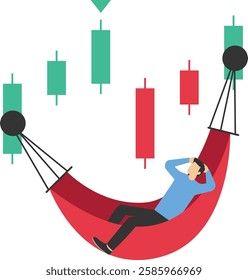 Passive income concept, earning with no effort by make profit or dividend from investment and achieve financial freedom concept, businesswoman sleeping in hammock with investment growth graph bar

