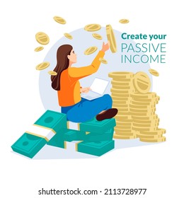 Passive income concept. Financial independence and increase income. Woman with laptop and money. Influencer, investor. Flat vector illustration.