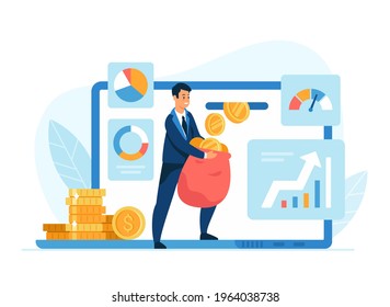 Passive income concept flat vector illustration. Male cartoon character businessman with money bag receives money from computer. Easy money and investor concept