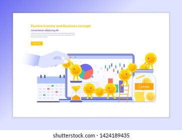 Passive income concept, Hands giving Money to Cartoon Coins Money Character for Revenue Profitable Dividend and Interest of Success Business from working for saving growing Financial Wealth Investment