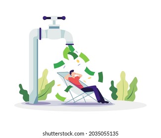 Ilustración del concepto de ingresos pasivos. Hombre relajándose bajo grifo dispensando dinero. Vector de estilo plano