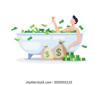 Passive income concept illustration. Young man relaxing with banknote bath. Vector in a flat style