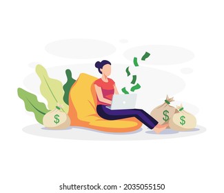 Passive income concept illustration. Young woman working in front of laptop with money around her. Vector in a flat style