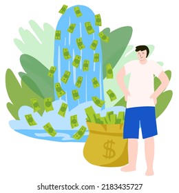 passive income concept. a man rests next to a waterfall of money and waits for money to pour into his dollar bag