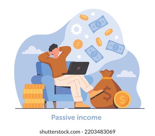 Concepto de ingresos pasivos. El hombre se sienta con la laptop, el dinero cae del cielo. Empresario o inversor exitoso. Alfabetización financiera y economía. Infografías educativas. Dibujo vectorial plano de dibujos animados