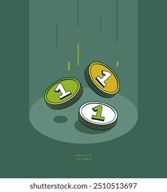 Passive income concept poster, coins falling down vector icon style illustration, revenue and interest metaphor, royalty.