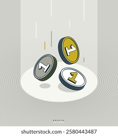 Passive income concept poster, coins falling down vector icon style illustration, revenue and interest metaphor, royalty.