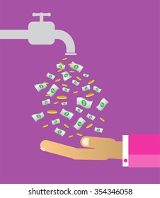 passive income concept vector Illustration. Money fall out of faucet. businessman open faucet. Bulb Idea concept, hand