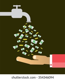 passive income concept vector Illustration. Money fall out of faucet. businessman open faucet. Bulb Idea concept, hand