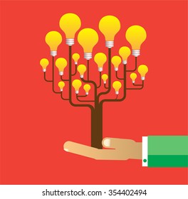 passive income concept vector Illustration, Hand holding light bulb tree. Financial and business. finance concept in flat style investing money, Idea tree in hand, creativity