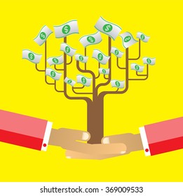 passive income concept vector Illustration, Hand holding Money tree. Financial and business. finance concept in flat style investing money, money in hand