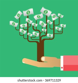 passive income concept vector Illustration, Hand holding Money tree. Financial and business. finance concept in flat style investing money, money in hand