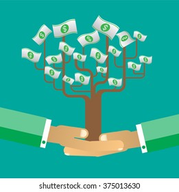 passive income concept vector Illustration, Hand holding Money tree. Financial and business. finance concept in flat style investing money, money in hand