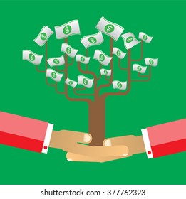 passive income concept vector Illustration, Hand holding Money tree. Financial and business. finance concept in flat style investing money, money in hand