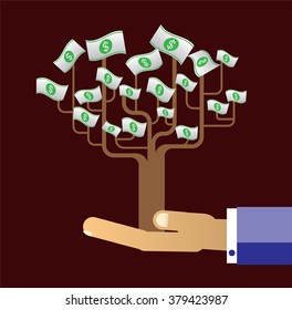 passive income concept vector Illustration, Hand holding Money tree. Financial and business. finance concept in flat style investing money, money in hand .idea tree
