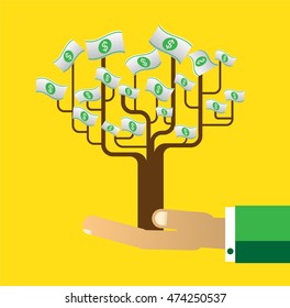 passive income concept vector Illustration, Hand holding Money tree. Financial and business. finance concept in flat style investing money, money in hand. Money tree sign.