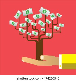 passive income concept vector Illustration, Hand holding Money tree. Financial and business. finance concept in flat style investing money, money in hand. Money tree sign.