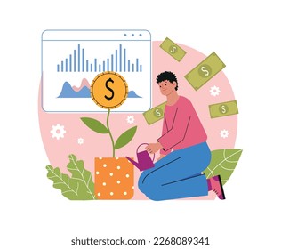 Passive income concept. Young smiling guy investor waters money tree and increases his income or profit. Financial literacy, freedom from debt and independence. Cartoon flat vector illustration