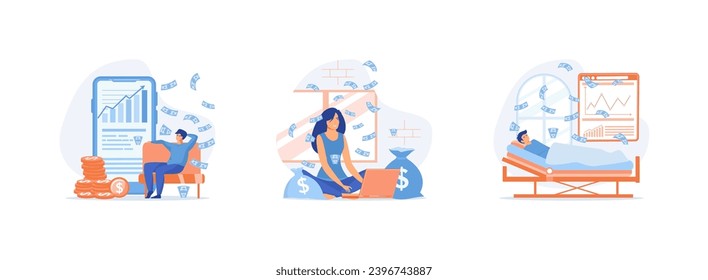 Passive income concept. Young woman working in front of laptop with money around her,  steady income and finance. Passive income set flat vector modern illustration   