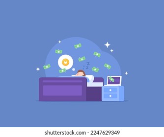 passive income. earn money automatically without working. a man gets money from his laptop while sleeping. sleep on the bed. freelancers and online jobs. illustration concept design. vector elements