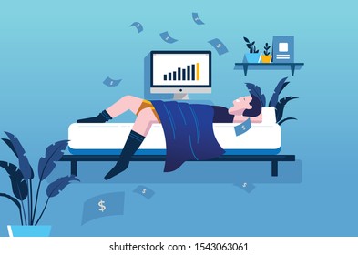 Passive income - earning money while sleeping, man in bedroom, raining money, computer screen show earnings, sleep, wealth, rich, freedom, enjoy life, vector illustration