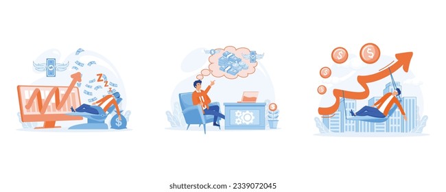 Passive income - earning money while sleeping,  investor thinks about money profit, Dividend stocks that yield, set flat vector modern illustration