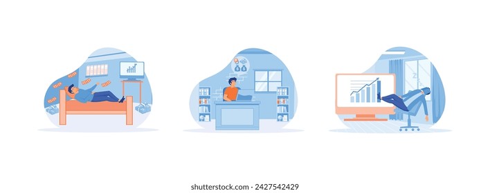 Passive income earning money while sleeping, Entrepreneur investor thinks about money profit or investment income, Businessman investors relax, Passive income 2 set flat vector modern illustration
