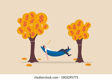 Passive income, earning with no effort by make profit or dividend from investment and achieve financial freedom concept, happy rich businessman sleeping in hammock tied on money tree with dollar coins