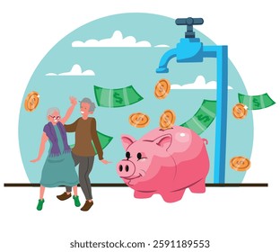 passive income, elderly couple happily celebrate investment success, peaceful retirement, vector illustration.