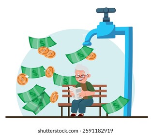 passive income, elderly man invests in profitable income, vector illustration.
