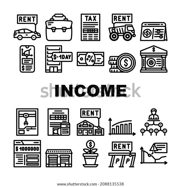 Passive Income Finance Earning Icons Set\
Vector. Car Rental And Delivery Of Special Transport Truck, Parking\
And House Rent Passive Income Line. Millionaire Bank Account Black\
Contour Illustrations