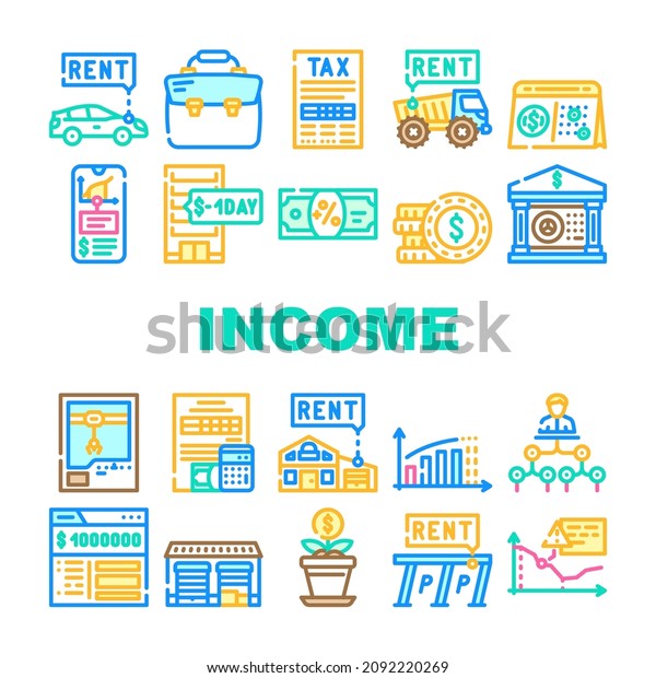 Passive Income Finance Earning Icons Set\
Vector. Car Rental And Delivery Of Special Transport Truck, Parking\
And House Rent Passive Income Line. Millionaire Bank Account Color\
Illustrations