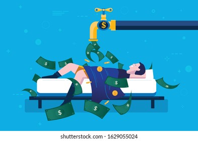 Passive income and financial freedom. Man lying in bed with money raining down from a faucet. Big smile on face, happy and rich. Easy money, earnings, money growth concept in vector illustration.