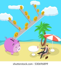 Passive income flat isometric vector illustration. Man is lying on the beach while the money are rolling down from the clouds to his piggy bank. Dividends, royalties, financial freedom.