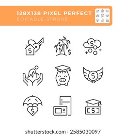 Passive income freedom pixel perfect linear icons set. College fund, student loan. Pension, savings. Customizable thin line symbols. Isolated vector outline illustrations. Editable stroke