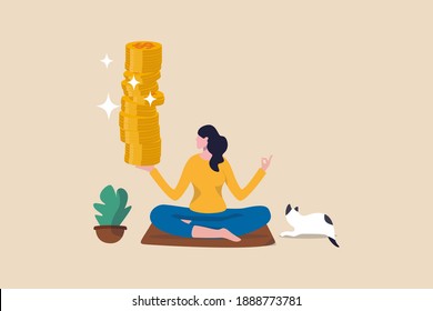 Passive income getting money while doing nothing, financial independence retire early, being wealthy by passive investing concept, young woman sitting relax getting stack of money coins in her hand.