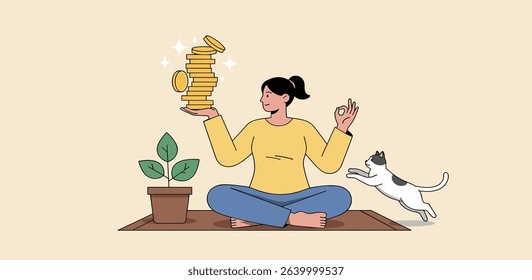 Passive income getting money while doing nothing, financial independence retire early, being wealthy by passive investing concept, young woman sitting relax getting stack of money coins in her hand