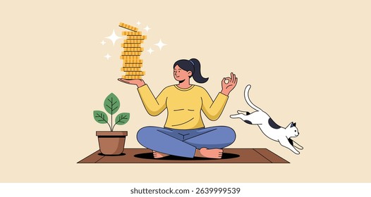 Passive income getting money while doing nothing, financial independence retire early, being wealthy by passive investing concept, young woman sitting relax getting stack of money coins in her hand