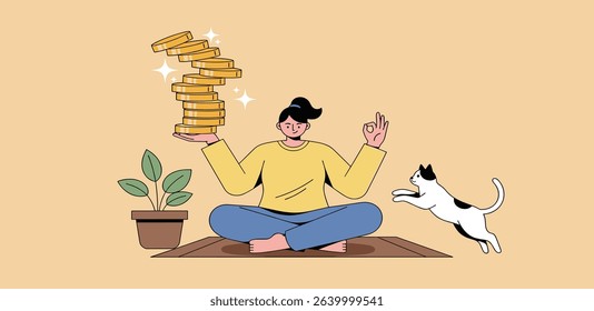 Passive income getting money while doing nothing, financial independence retire early, being wealthy by passive investing concept, young woman sitting relax getting stack of money coins in her hand