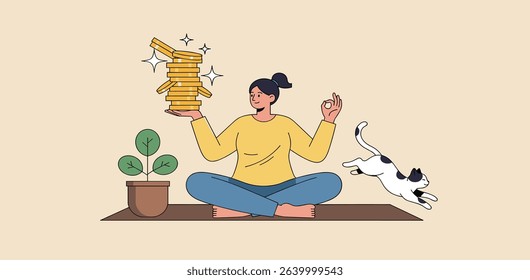 Passive income getting money while doing nothing, financial independence retire early, being wealthy by passive investing concept, young woman sitting relax getting stack of money coins in her hand