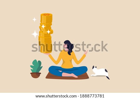 Passive income getting money while doing nothing, financial independence retire early, being wealthy by passive investing concept, young woman sitting relax getting stack of money coins in her hand.