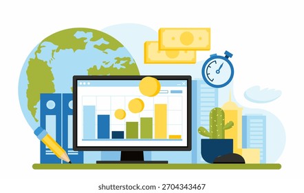 Passive income. Global statistics and data analysis for business investments. Financial statistics, calculations, and basic analysis are displayed on a computer monitor. Flat-style illustration
