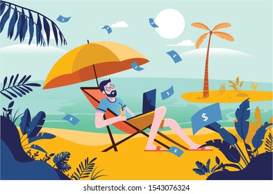 Passive income - grown man on holiday with money raining down, working on laptop, drink in hand. Enjoying vacation, financial freedom. rich. Success, cashflow.