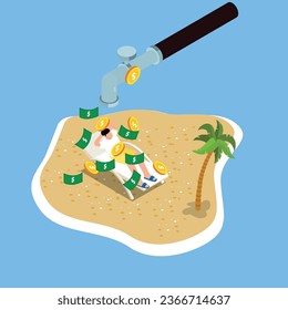 Passive income - grown man on holiday with money from tap water 3d vector illustration concept for banner, website, illustration, landing page, flyer, etc