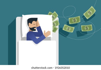 Ingresos pasivos - un hombre de negocios feliz durmiendo en la cama con dinero bajo una almohada. Ganar sin esfuerzo obteniendo ganancias o dividendos de la inversión y logrando el concepto de libertad financiera. Vector