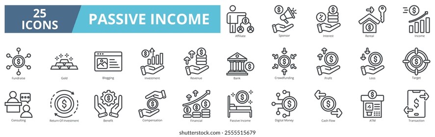 Passive income icon collection set. Containing affiliate,sponsor,interes,rental,income,fundraise,gold,investment icon. Simple line vector