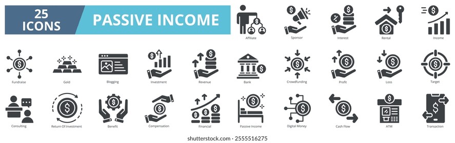 Passive income icon collection set. Containing affiliate,sponsor,interes,rental,income,fundraise,gold,investment icon. Simple glyph vector