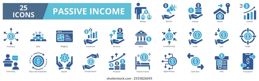 Passive income icon collection set. Containing affiliate,sponsor,interes,rental,income,fundraise,gold,investment icon. Simple flat vector