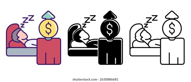 Passive Income icon represented by sleep, money, up arrow Line, Filled, Color style.
